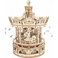 Robotime ROKR Carrousel romantique en bois 3D 17 x 17 x 23,5 cm, 1 pièce, décoration à la maison, décoration d’étagère,Cadeaux artisanaux pour adultes et adolescents,Jouets éducatifs