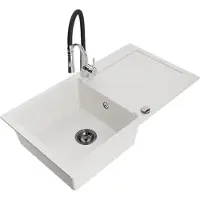 Mexen Leo Évier en granit 1 bac avec égouttoir et mélangeur Aster, blanc - 6501-20-73450-07-B