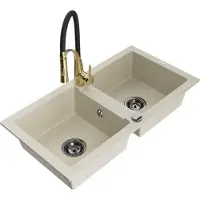 Mexen Mario Évier en granit 2 cuves avec mitigeur Aster, Beige - 6504-69-73450-57-B