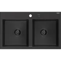 Mexen Hektor évier en granit à 2 bacs 800 x 480 mm, noir/argent métallisé, siphon noir - 6521802000-73-B