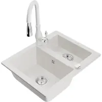 Mexen Carlos évier en granit 1,5 avec mitigeur Savita, blanc (6518-20-672601-20)