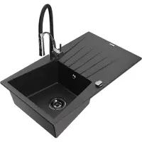 Mexen Cesar évier en granit 1 bac avec égouttoir et mélangeur Aster, métal noir/argent - 6514-73-73450-07-B