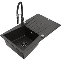 Mexen Évier en granit Cesar 1 bac avec égouttoir et mélangeur Aster, noir/or métallisé - 6514-75-73450-07-B