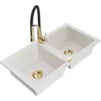 Mexen Mario Évier en granit 2 cuves avec mitigeur Aster, blanc - 6504-20-73450-57-G