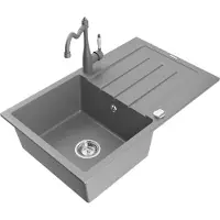 Mexen Bruno Évier en granit 1 bac avec égouttoir et mélangeur Carla, Gris - 6513-71-670700-71