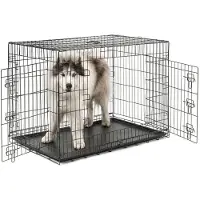 Lionto Cage de transport pour animaux, cage métallique pliable avec paroi de séparation, fond en plastique & verrouillage de sécurité, 106x71x77 cm