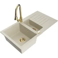 Mexen Matias évier en granit 1,5 bol avec égouttoir et mélangeur Elia, Beige - 6502-69-670101-50