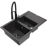 Mexen Gaspar évier en granit 1,5 bac avec égouttoir et mitigeur Aster, noir moucheté - 6507-76-73450-70-B