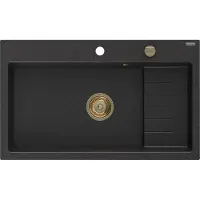 Mexen Omar Evier en granit 1 bassin 800 x 480 mm, noir/argent métallisé, siphon doré - 6520801005-73-G