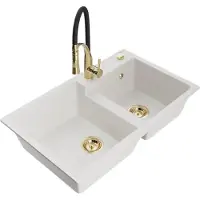 Mexen Tomas évier en granit 2 cuves avec mitigeur Aster, blanc - 6516-20-73450-57-G