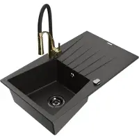 Mexen Évier en granit Cesar 1 bac avec égouttoir et mélangeur Aster, noir/or métallisé - 6514-75-73450-57-B