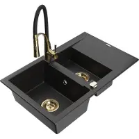 Mexen Gaspar évier en granit 1,5 bac avec égouttoir et mitigeur Aster, Noir/Argent - 6507-73-73450-57-G