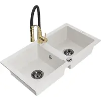 Mexen Mario Évier en granit 2 cuves avec mitigeur Aster, blanc - 6504-20-73450-57-B