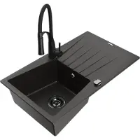 Mexen Cesar évier en granit 1 bac avec égouttoir et mitigeur Aster, noir/or métallisé - 6514-75-73450-70-B