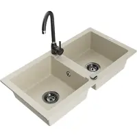Mexen Mario Évier en granit 2 cuves avec mitigeur Telma, Beige - 6504-69-670200-70