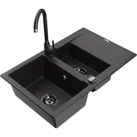 Mexen Gaspar évier en granit 1,5 bac avec égouttoir et mitigeur Telma, Noir/Or - 6507-75-670200-70-B