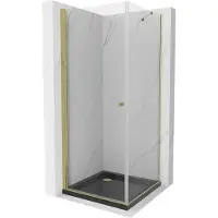 Mexen Pretoria Paroi de douche basculante 90 x 90 cm, transparente, or + receveur de douche Flat, noir - 852-090-090-50-00-4070G