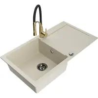 Mexen Leo Évier en granit 1 bac avec égouttoir et mitigeur Aster, Beige - 6501-69-73450-57-B