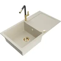 Mexen Leo Évier en granit 1 bac avec égouttoir et mélangeur Flora, Beige - 6501-69-670401-57-G