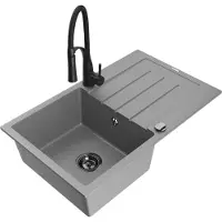 Mexen Bruno Évier en granit 1 bac avec égouttoir et mitigeur Aster, Gris - 6513-71-73450-70-B