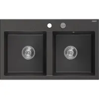 Mexen Hektor évier en granit à 2 niveaux 800 x 480 mm, noir moucheté, siphon chrome - 6521802000-76