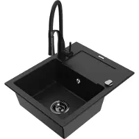 Mexen Enzo granit évier 1 avec égouttoir y compris mélangeur Aster, noir (6506-77-73450-70-B)