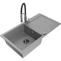 Mexen Leo Évier en granit 1 bac avec égouttoir et mitigeur Aster, Gris - 6501-71-73450-07-B