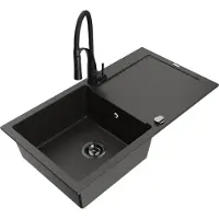 Mexen Leo évier 1 bac en granit avec égouttoir et mitigeur Aster, Noir/Or métal - 6501-75-73450-70-B