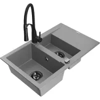 Mexen Gaspar évier en granit 1,5 bac avec égouttoir et mitigeur Aster, Gris - 6507-71-73450-70-B