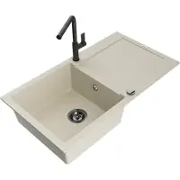 Mexen Leo Évier en granit 1 bac avec égouttoir et mélangeur Flora, Beige - 6501-69-670401-70-B