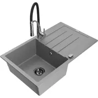 Mexen Bruno Évier en granit 1 bac avec égouttoir et mitigeur Aster, Gris - 6513-71-73450-07-B