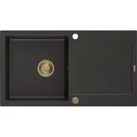 Mexen Leo Evier 1 bac en granit avec égouttoir 900 x 500 mm, Noir/Or métal, siphon Or - 6501901010-75-G