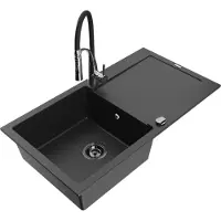 Mexen Leo Évier en granit 1 bac avec égouttoir et mitigeur Aster, Noir/Métal argenté - 501-73-73450-07-B