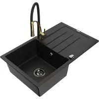 Mexen Bruno Evier 1 bac en granit avec égouttoir et mitigeur Aster, Noir - 6513-77-73450-57-B