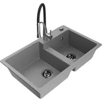 Mexen Tomas évier en granit 2 cuves avec mitigeur Aster, Gris - 6516-71-73450-07-B