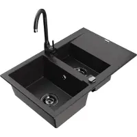 Mexen Gaspar évier en granit 1,5 bac avec égouttoir et mitigeur Telma, Noir - 6507-77-670200-70-B