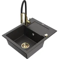 Mexen Enzo granit évier 1 avec égouttoir y compris mélangeur Aster, noir moucheté (6506-76-73450-57-G)