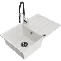 Mexen Bruno Évier en granit 1 bac avec égouttoir et mélangeur Aster, blanc - 6513-20-73450-07-B