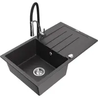 Mexen Bruno évier 1 bac en granit avec égouttoir et mitigeur Aster, noir moucheté - 6513-76-73450-07