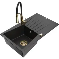 Mexen Cesar évier en granit 1 bac avec égouttoir et mitigeur Aster, Noir/Métal argenté - 6514-73-73450-57-G