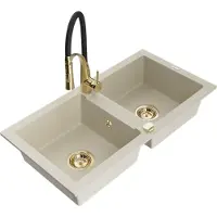 Mexen Mario évier en granit 2 cuves avec mitigeur Aster, Beige - 6504-69-73450-57-G