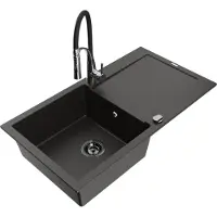 Mexen Leo Évier en granit 1 bac avec égouttoir et mitigeur Aster, noir/or métallisé - 6501-75-73450-07-B