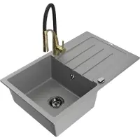 Mexen Bruno Évier en granit 1 bac avec égouttoir et mitigeur Aster, Gris - 6513-71-73450-57-B