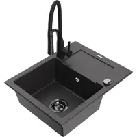 Mexen Enzo granit évier 1 avec égouttoir y compris mélangeur Aster, noir moucheté (6506-76-73450-70-B)