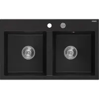 Mexen Hektor Evier en granit à 2 compartiments 800 x 480 mm, noir, siphon chrome - 6521802000-77