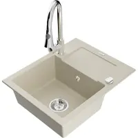 Mexen Enzo Évier en granit 1 bac avec égouttoir et mélangeur Elia, Beige - 6506-69-670101-00