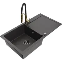 Mexen Leo évier 1 bac en granit avec égouttoir et mitigeur Aster, noir moucheté - 6501-76-73450-57-B