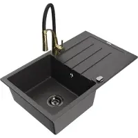 Mexen Bruno Évier en granit 1 bac avec égouttoir et mitigeur Aster, noir moucheté - 6513-76-73450-57-B