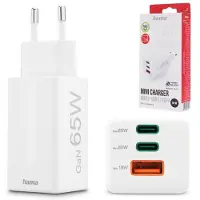 Hama Charg. rapide GaN, 2 USB-C PD, 1 USB-A QC, mini-chargeur, 65W, blanc