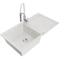 Mexen Leo évier en granit 1 bac avec égouttoir et mélangeur Aster, blanc - 6501-20-73450-02